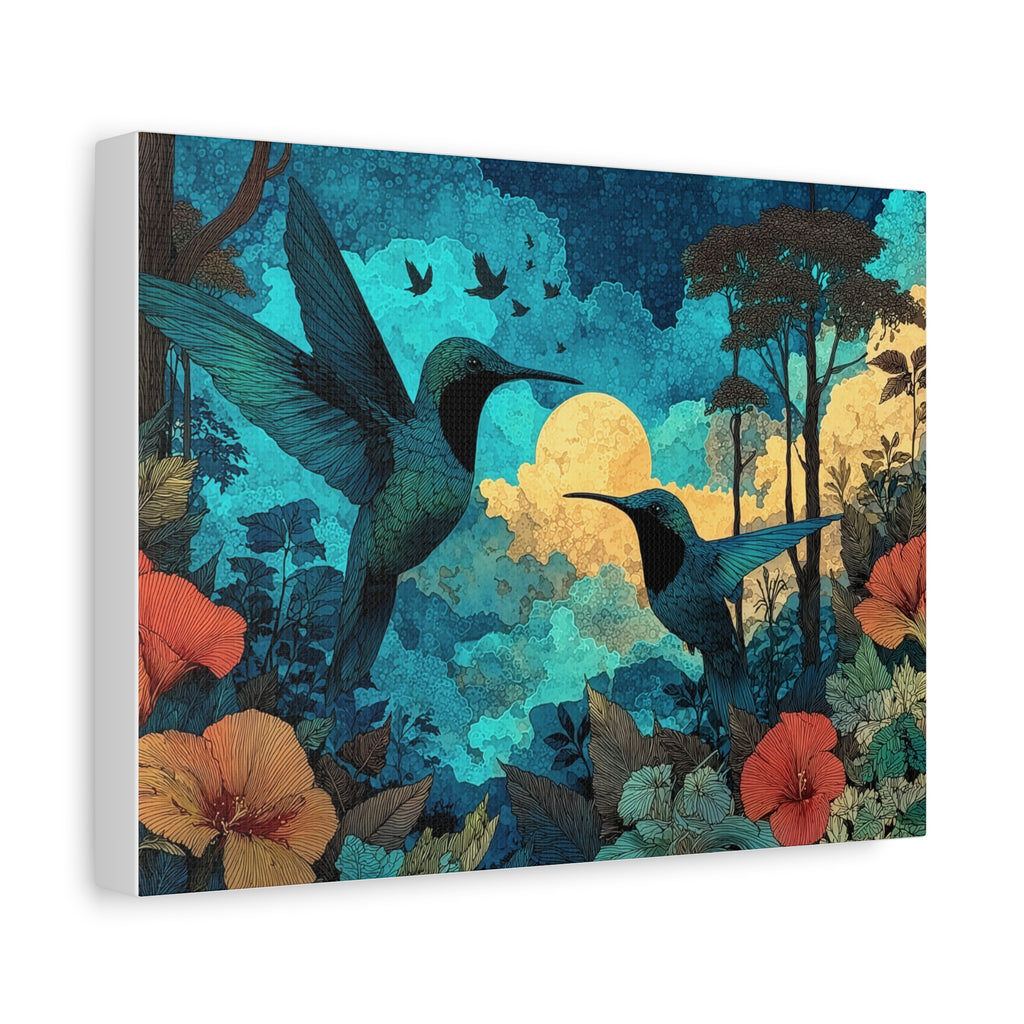Hummingbirds Dancing in Jungle Moonlight — Matte Canvas Print