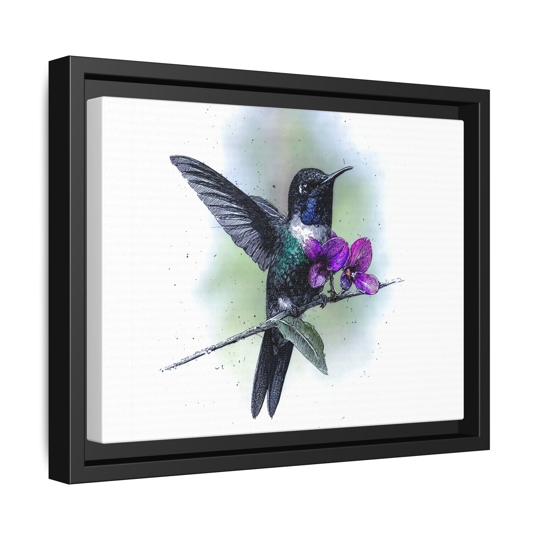 Framed Hummingbird Canvas Art - Purple Orchid Nature Print