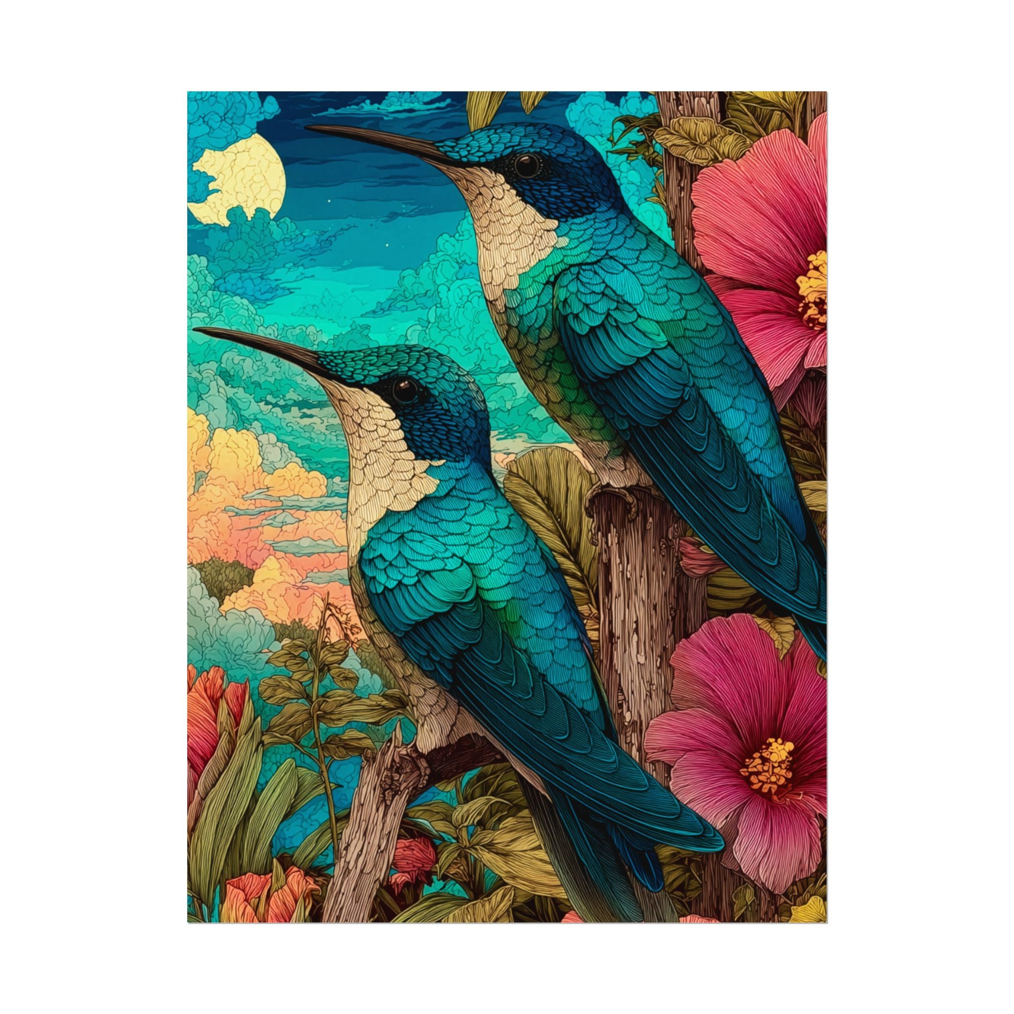 Hummingbird Watercolor Art Poster — Textured Matte Nature Print