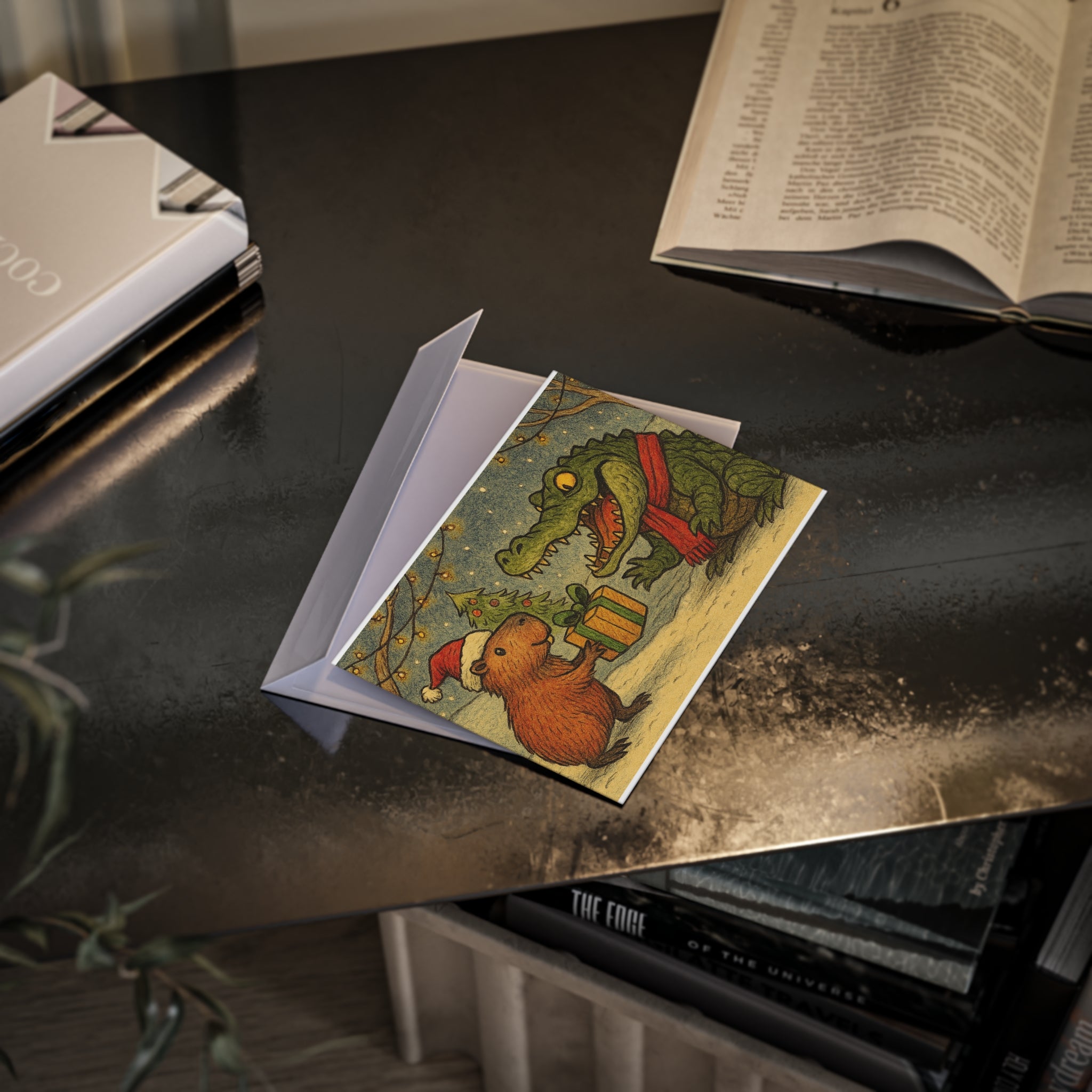 Cute Capybara & Crocodile Holiday Card — Festive Gift Exchange Christmas Card