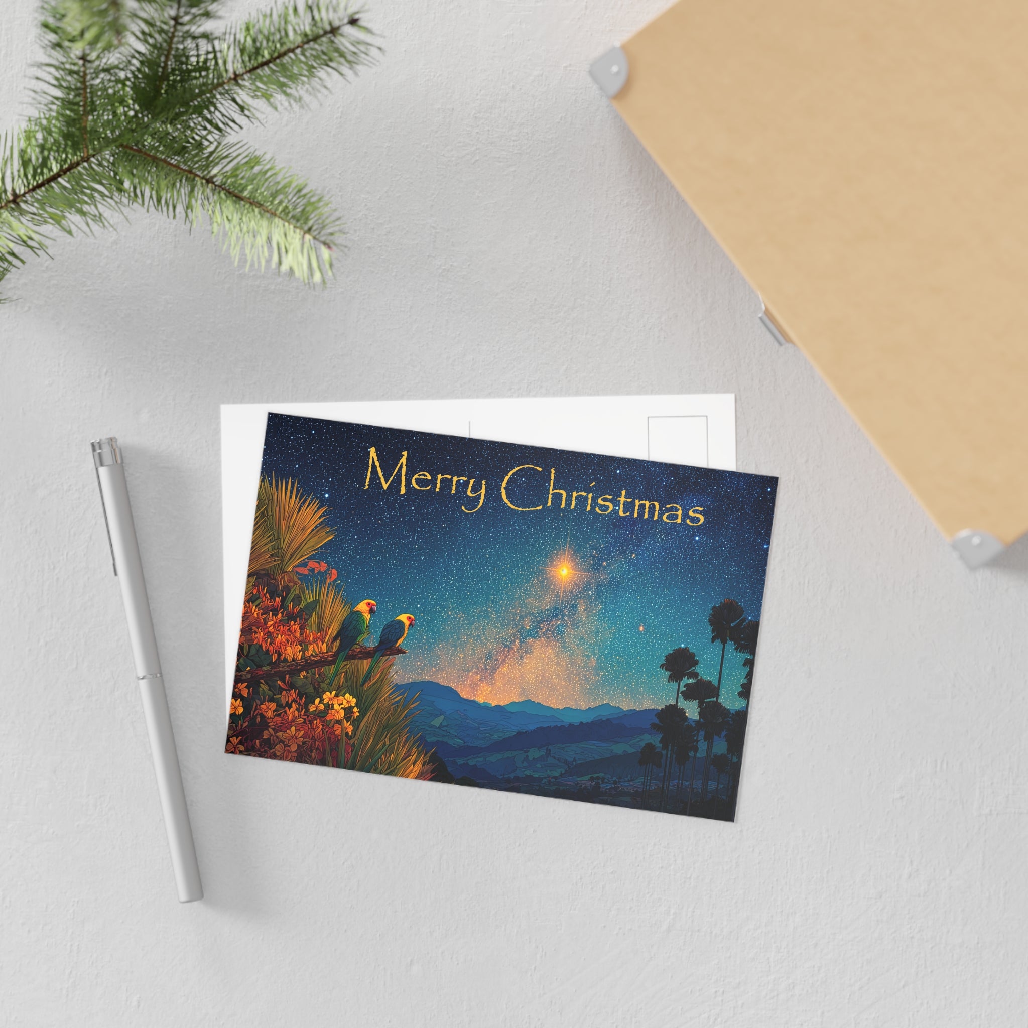 Merry Christmas Fine Art Postcard — Starry Nativity Landscape Holiday Card