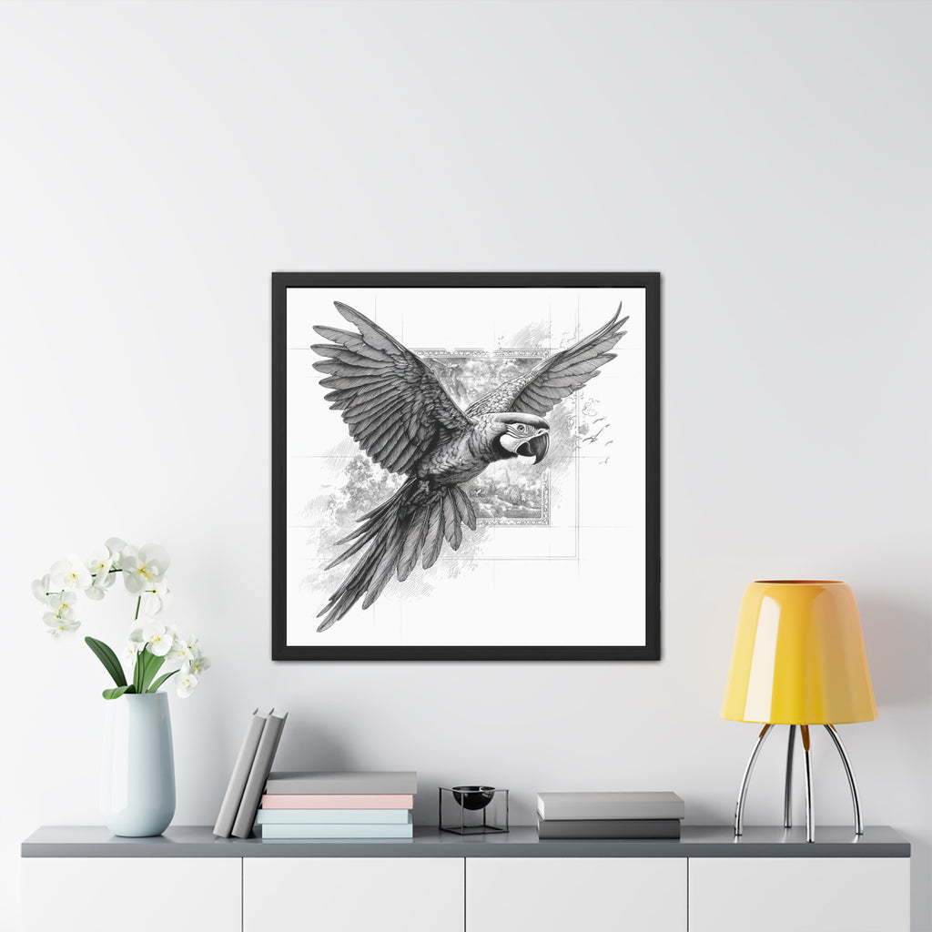 Framed Poster — Black & White Flying Macaw Art Print