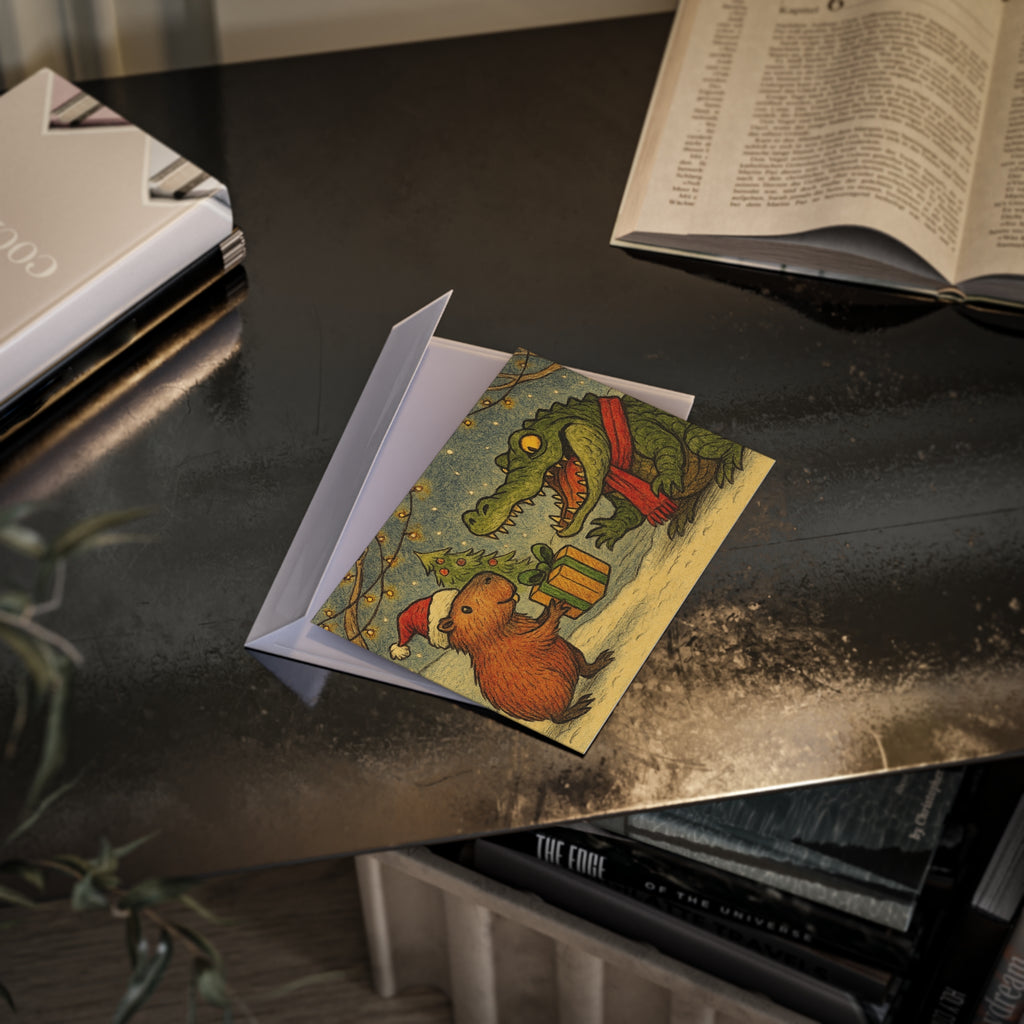 Holiday Card — Cute Capybara & Crocodile Christmas Illustration (One-Sided)