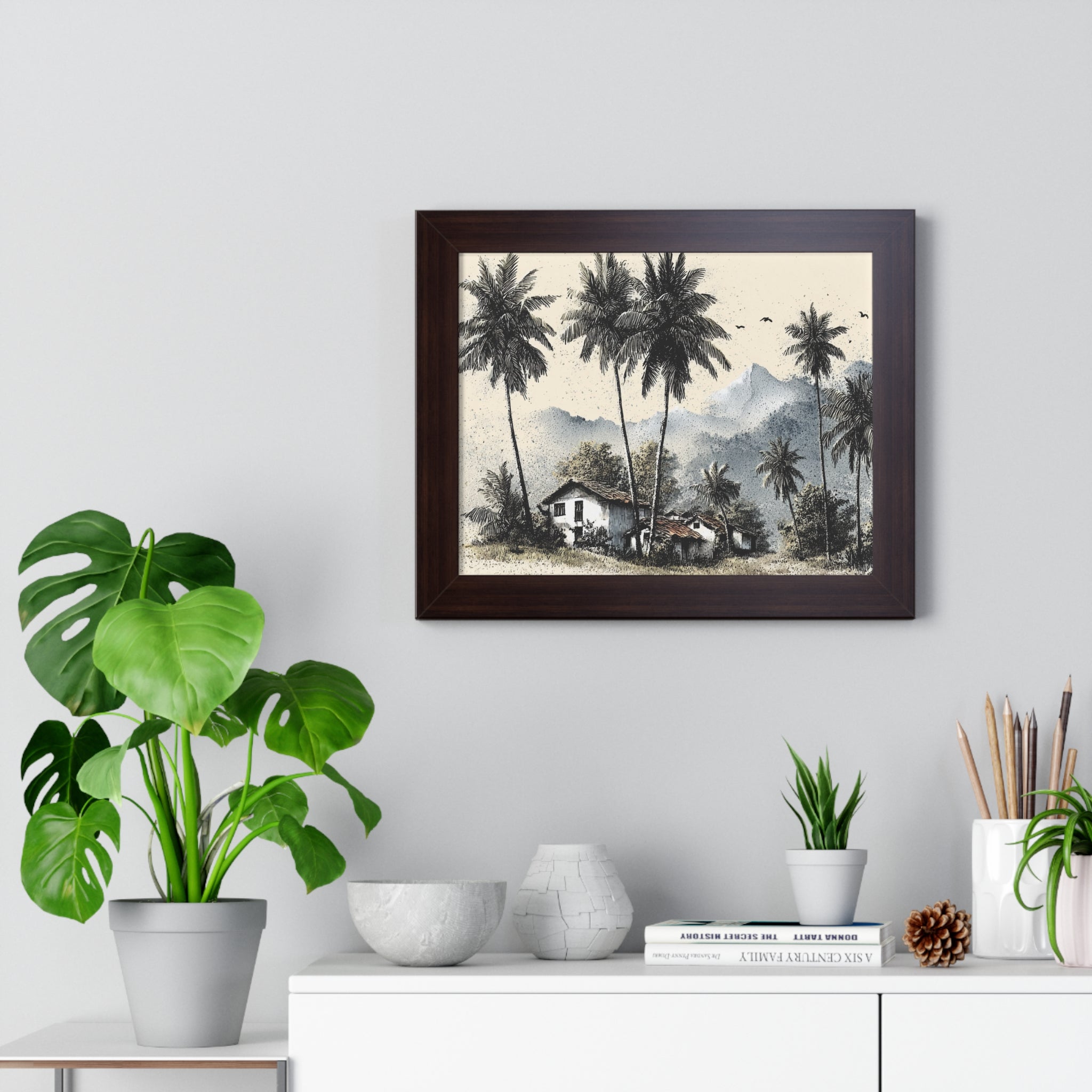 Framed Poster — Tropical Palm Cottage Wall Art (Horizontal)