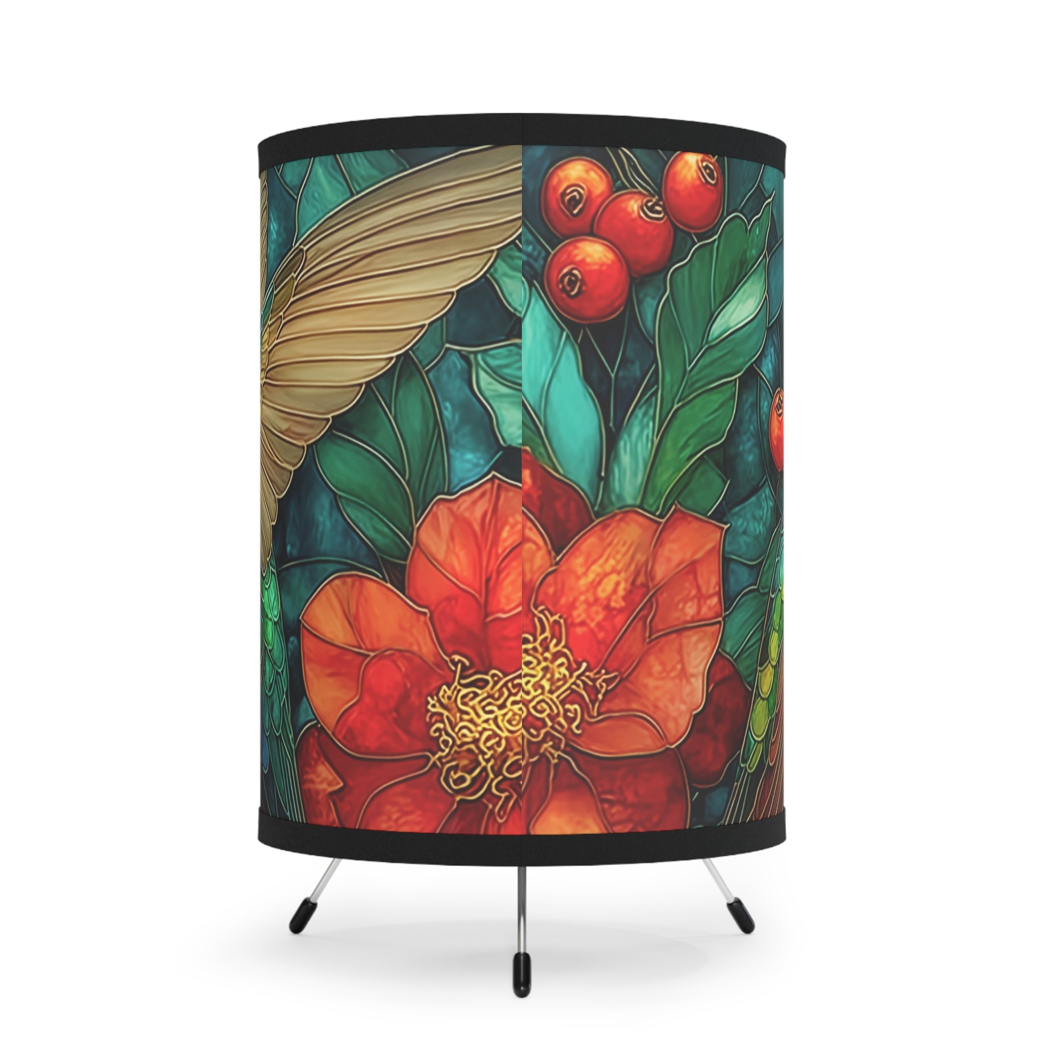 Hummingbird Tripod Lamp — Stained-Glass Styled Floral Printed Shade