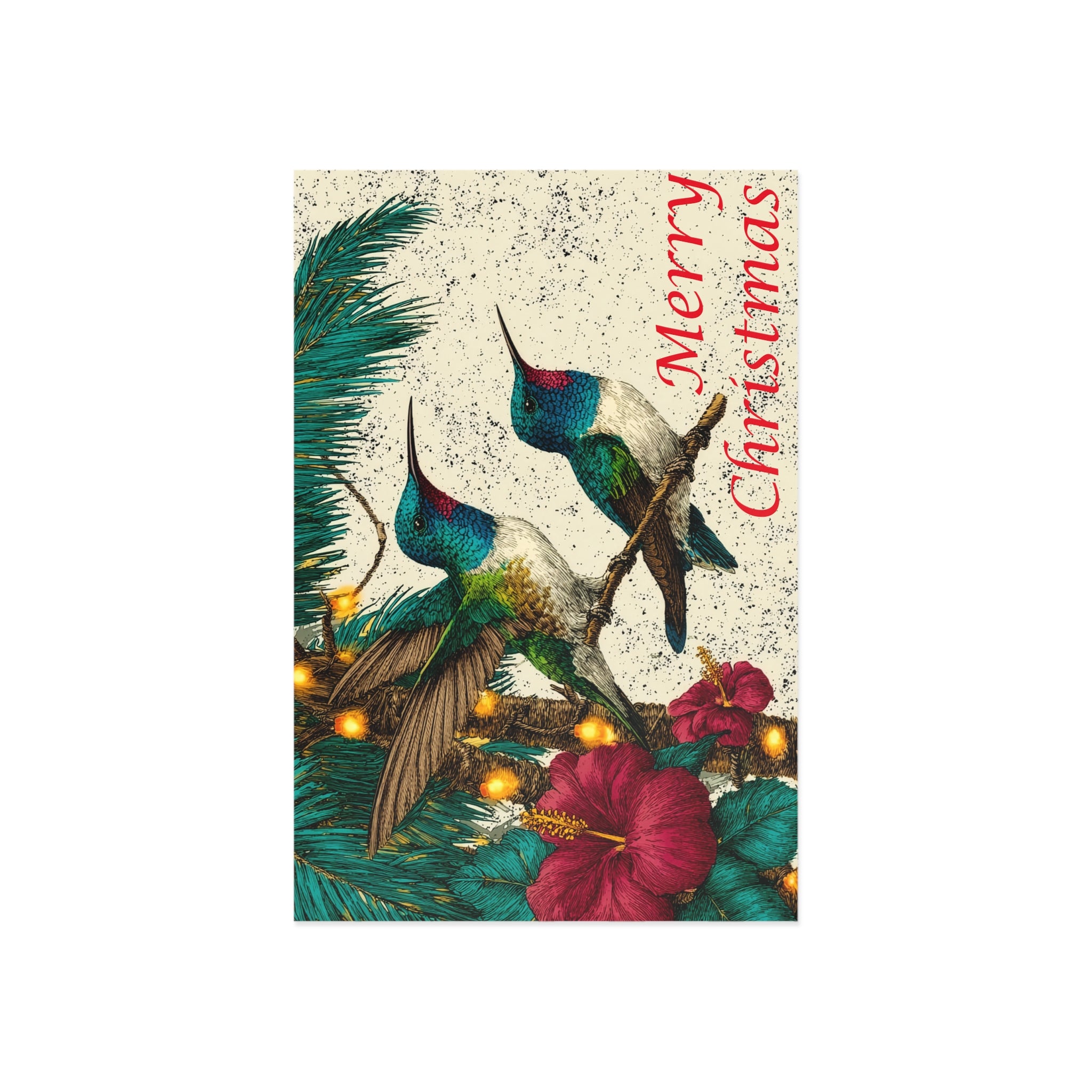 Christmas Hummingbird Fine Art Postcards — Vintage Floral Holiday Cards (Merry Christmas)