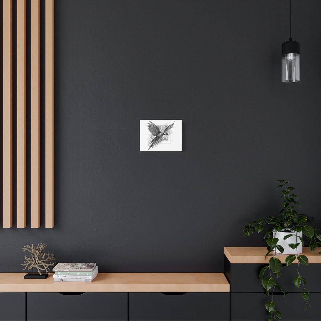 Flying Parrot Canvas Print — Detailed Black & White Macaw Wall Art (Matte Stretched)