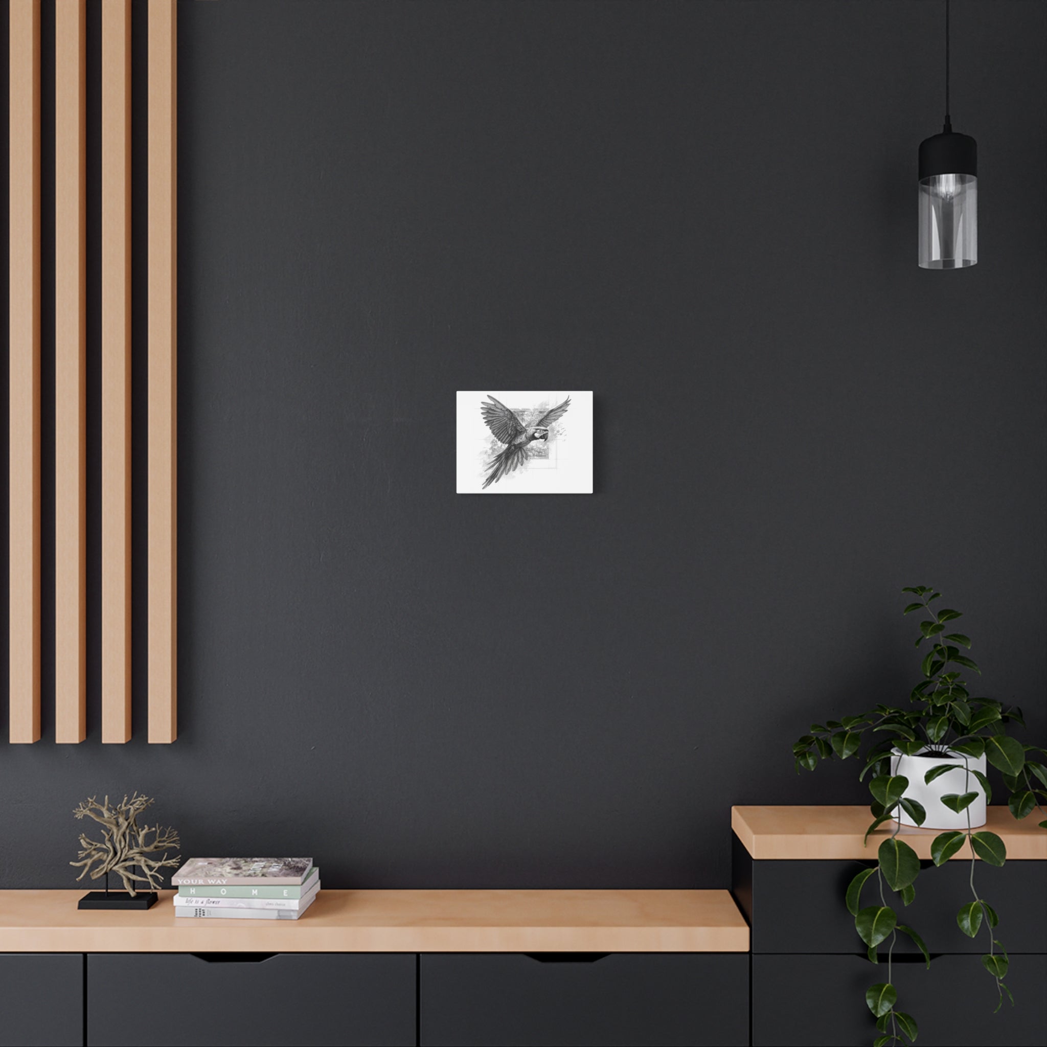 Flying Parrot Canvas Print — Detailed Black & White Macaw Wall Art (Matte Stretched)