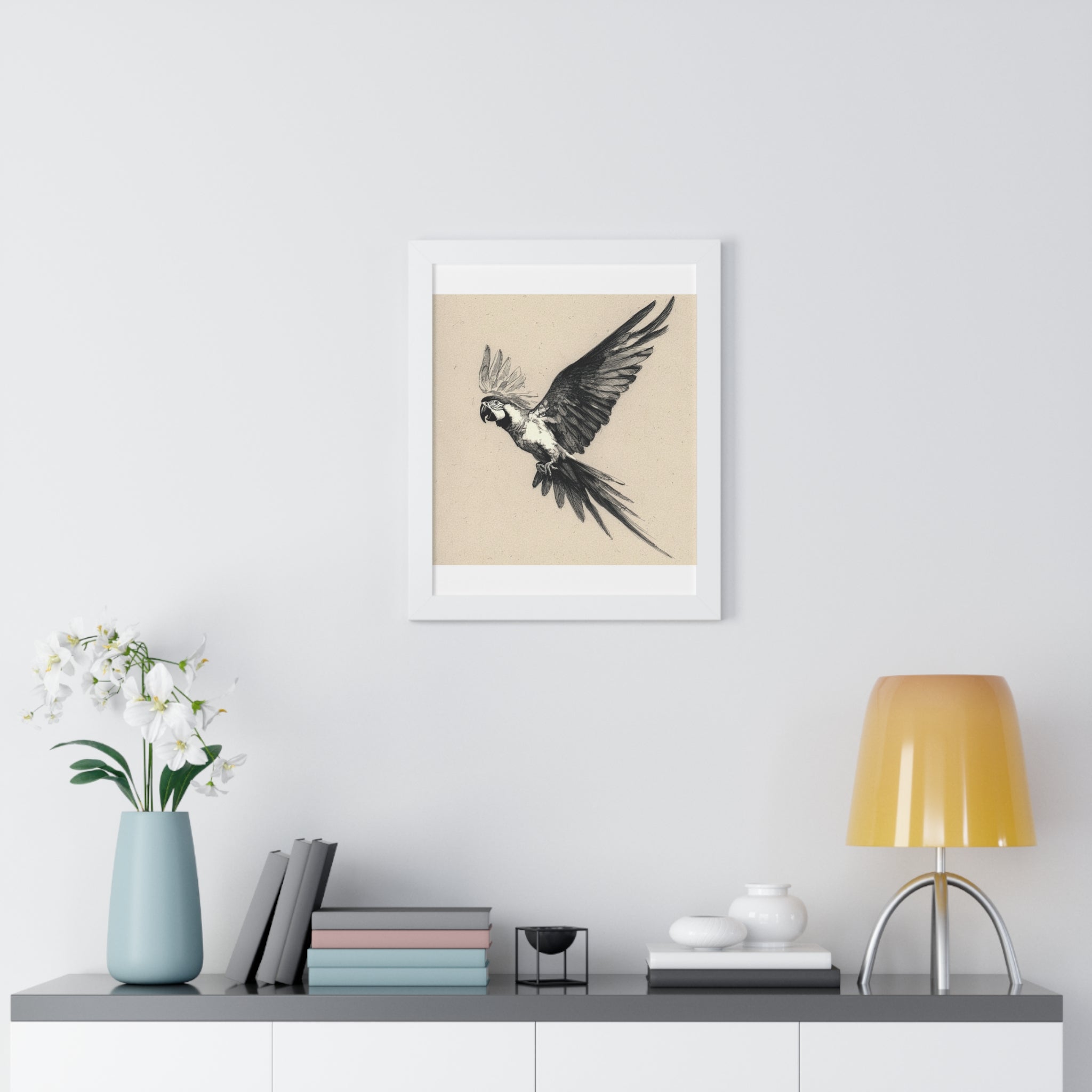 Framed Parrot Art Print — Vintage Black & White Aviary Poster