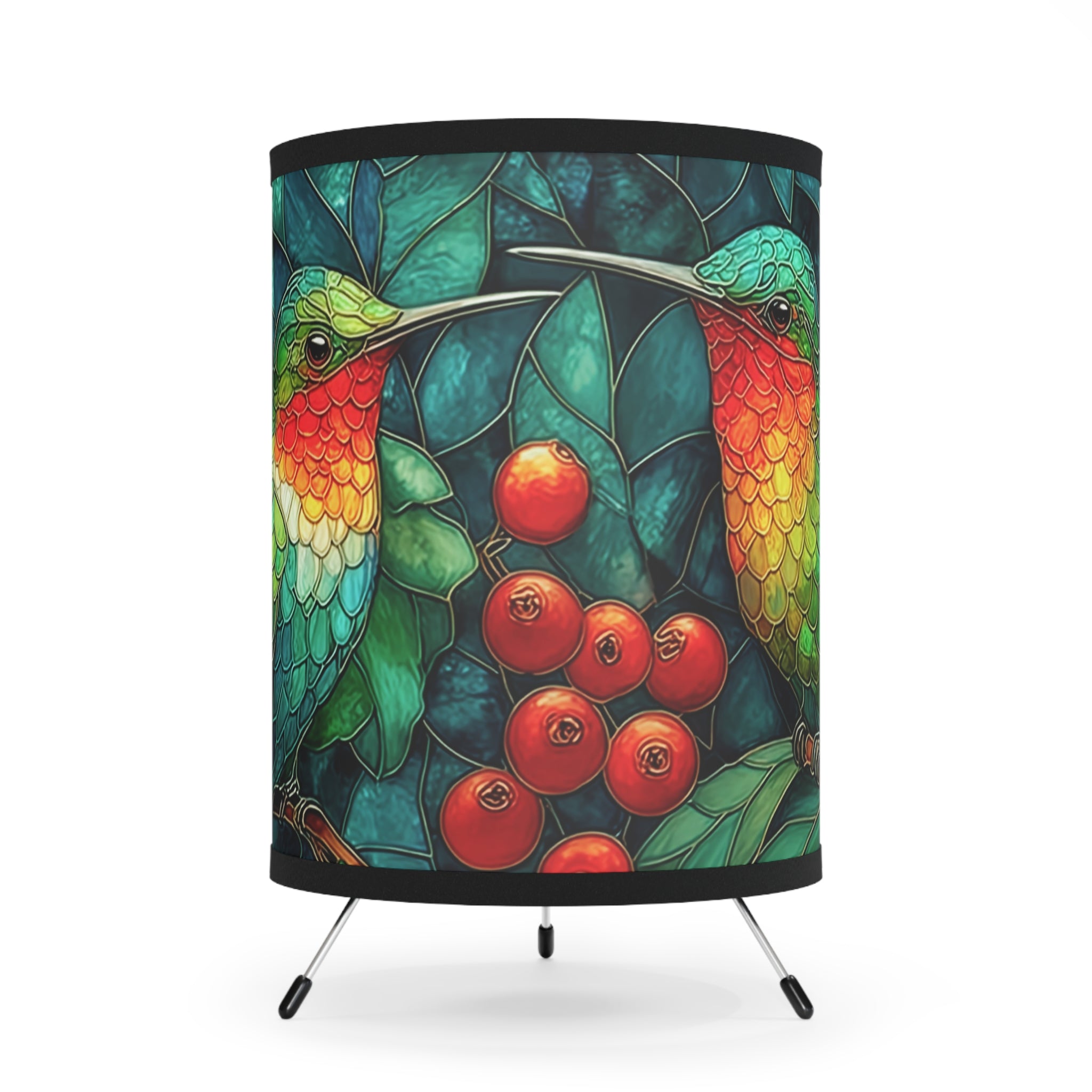 Hummingbird Tripod Lamp — Stained-Glass Styled Floral Printed Shade
