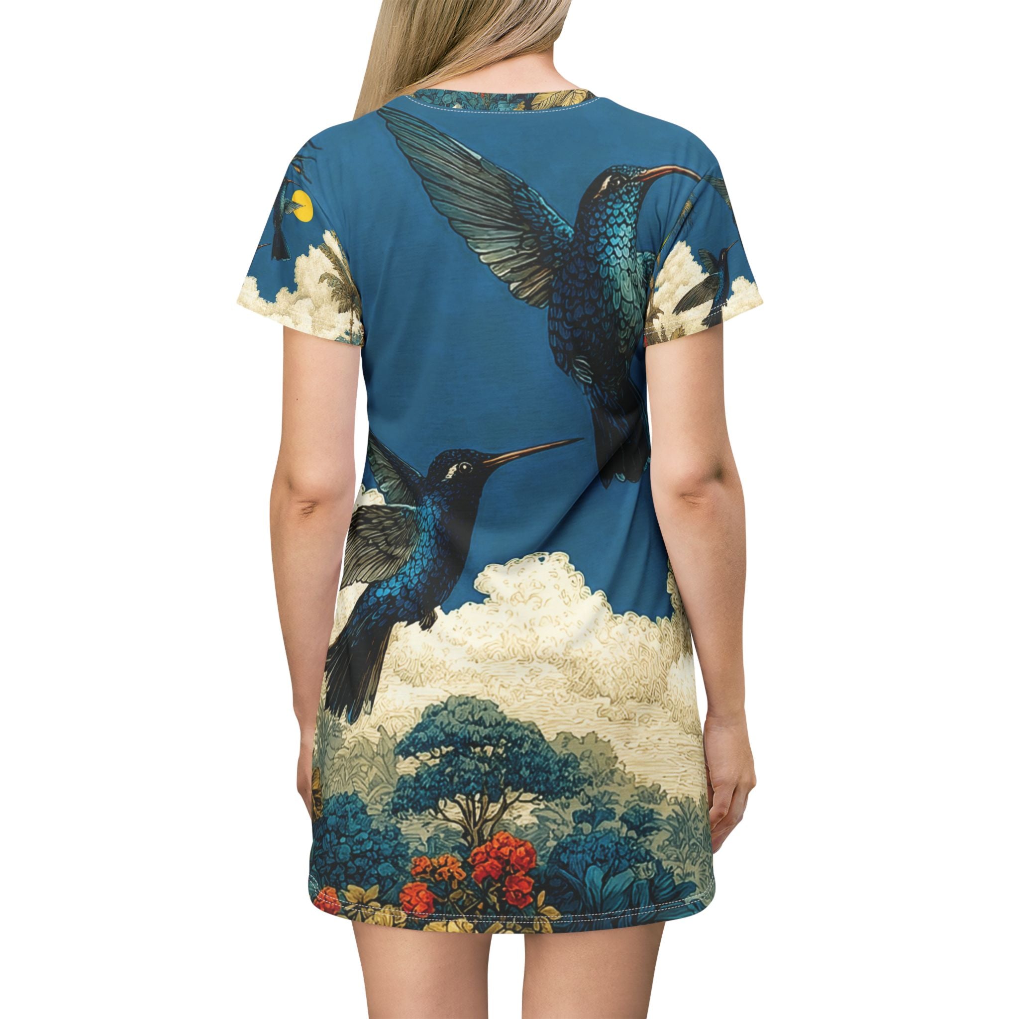 Song of the Blue Hummingbirds T-Shirt Dress — All-Over Print Floral Bird Sundress