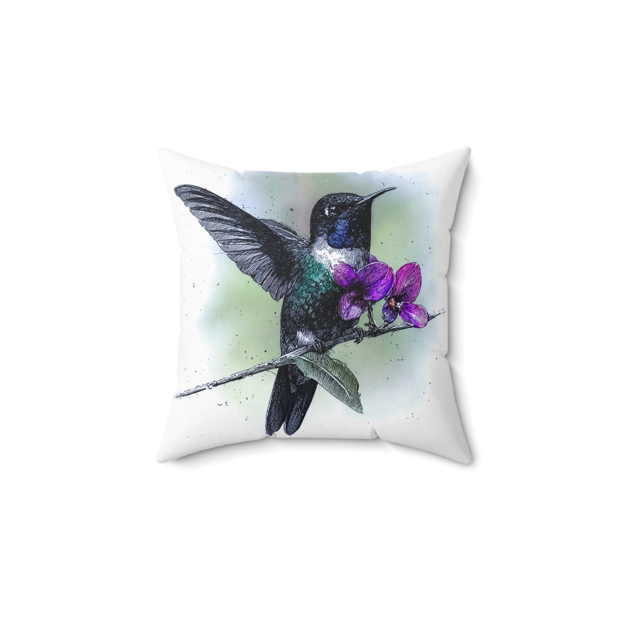 Hummingbird & Orchid Square Pillow — Bold Floral Accent Cushion