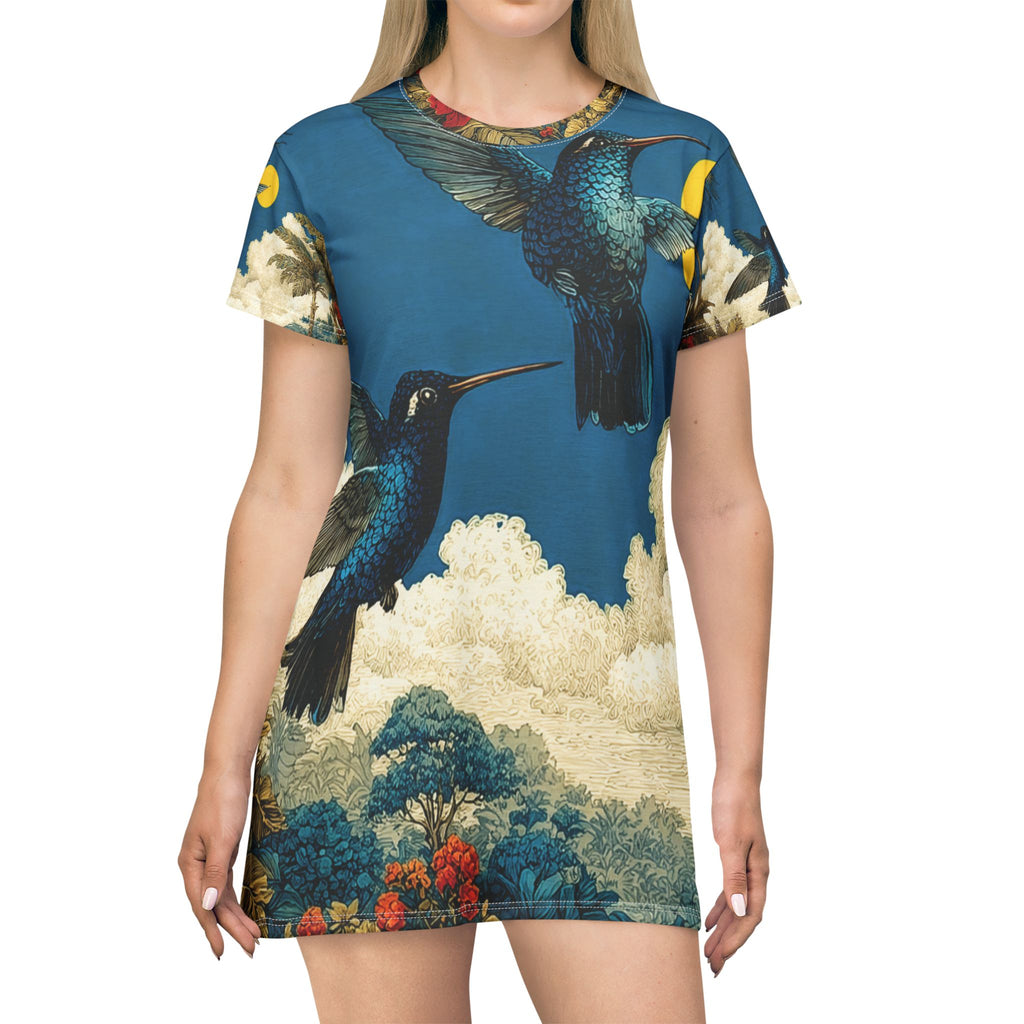 Song of the Blue Hummingbirds T-Shirt Dress — All-Over Print Floral Bird Sundress
