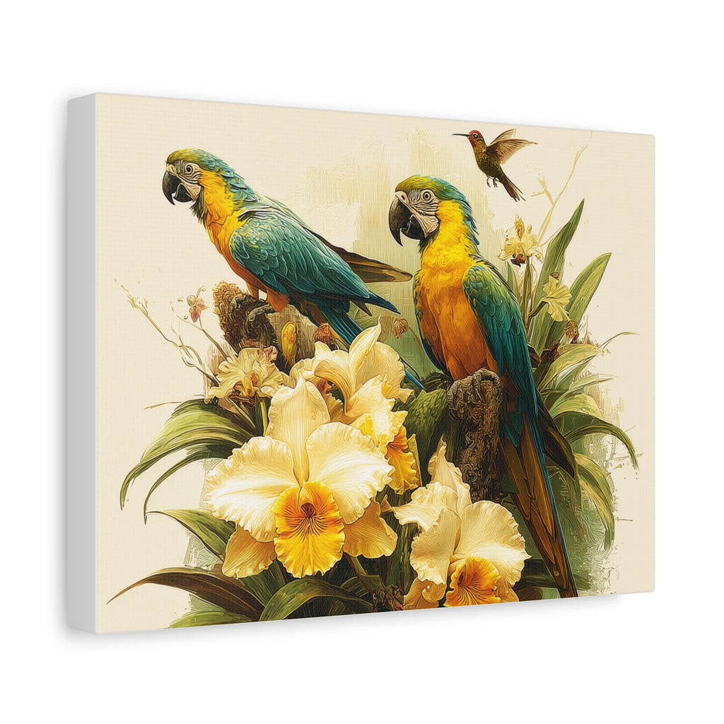 Tropical Parrot Canvas Wall Art — Blue-and-Gold Macaws with Orchids