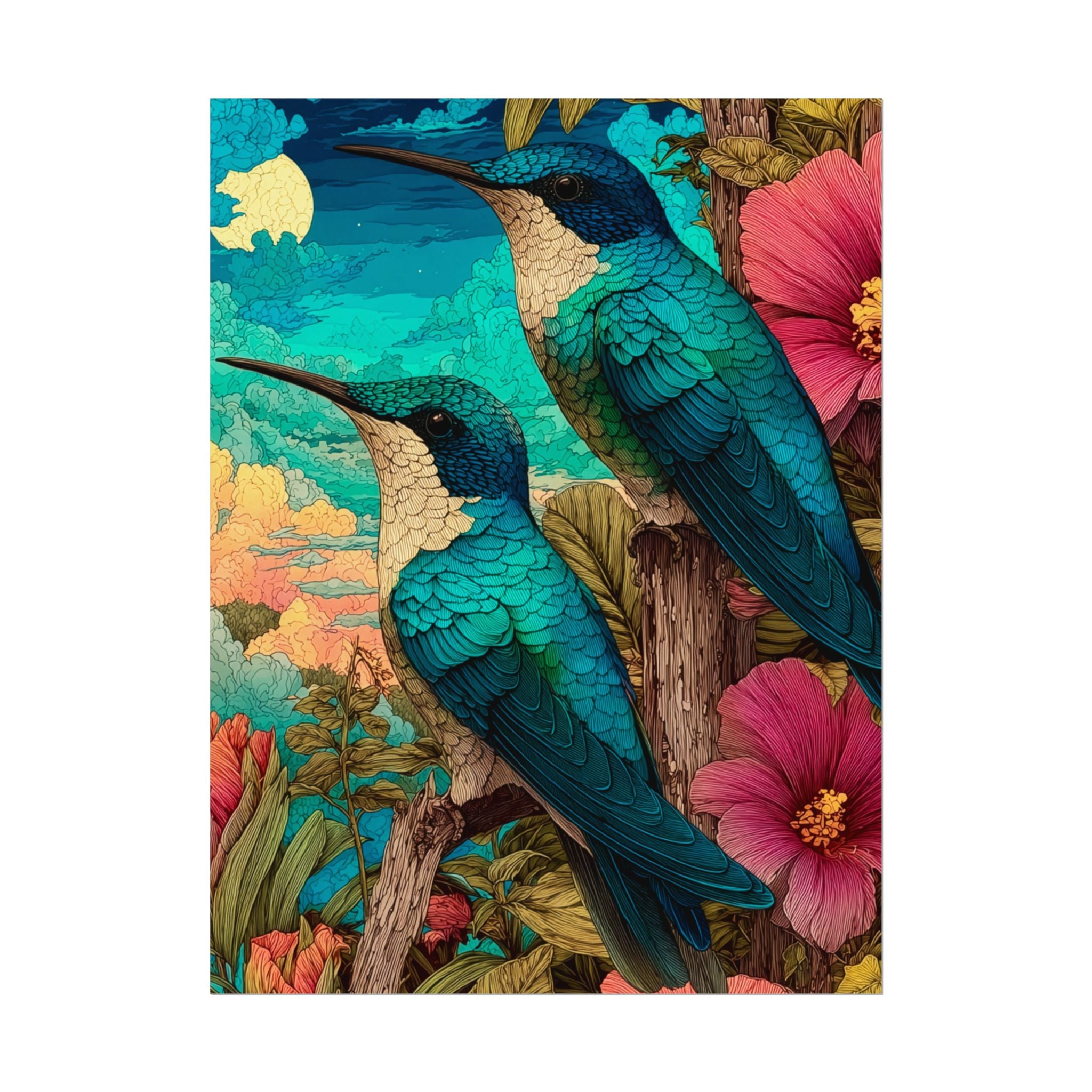 Hummingbird Watercolor Art Poster — Textured Matte Nature Print