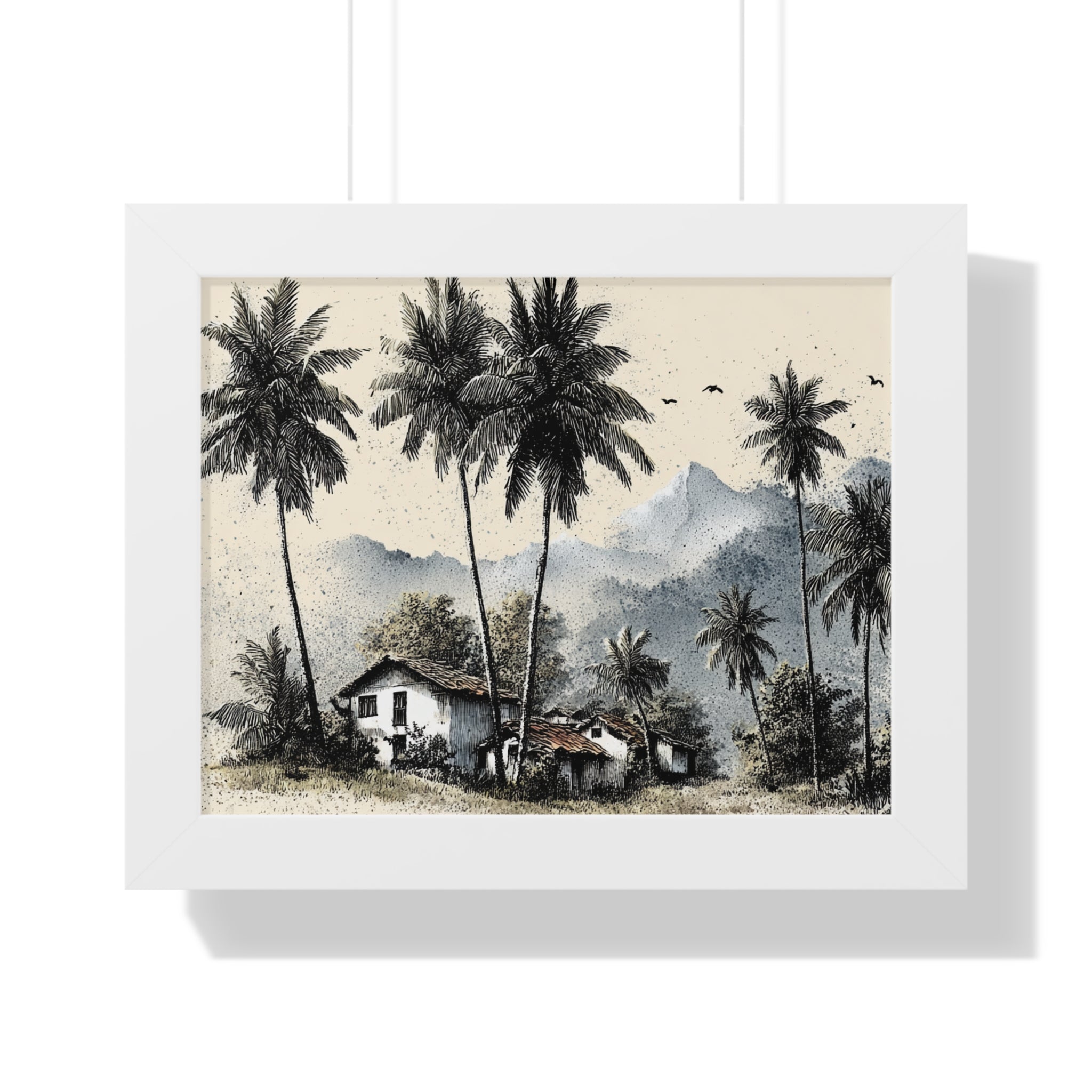 Framed Poster — Tropical Palm Cottage Wall Art (Horizontal)