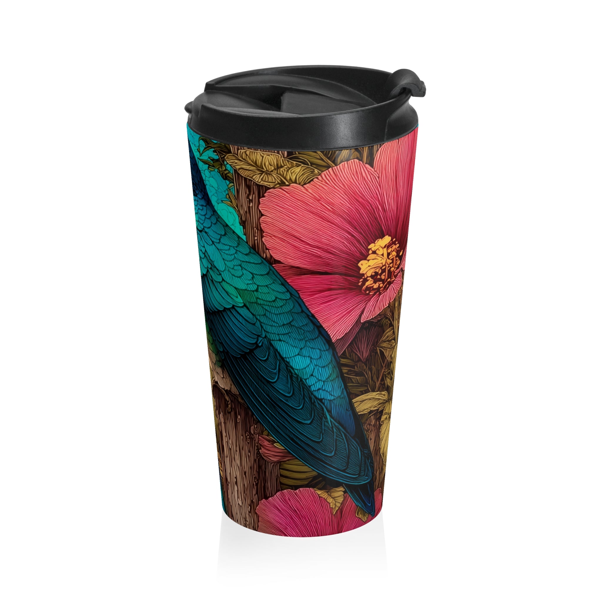 Hummingbird Stainless Steel Travel Mug — Bright Colorful Floral Design